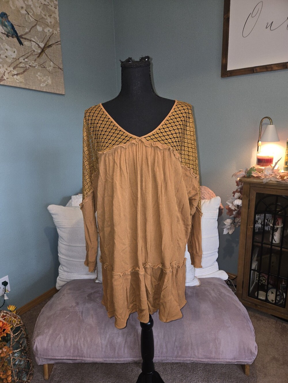 Wishlist Apparel Boho Mustard Oversized Long Sleeve V-Neck Tunic Dress